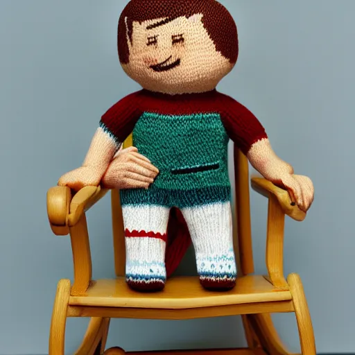Prompt: Knitted yarn doll Ryan Gosling sits on a rocking chair, realism, proportions,