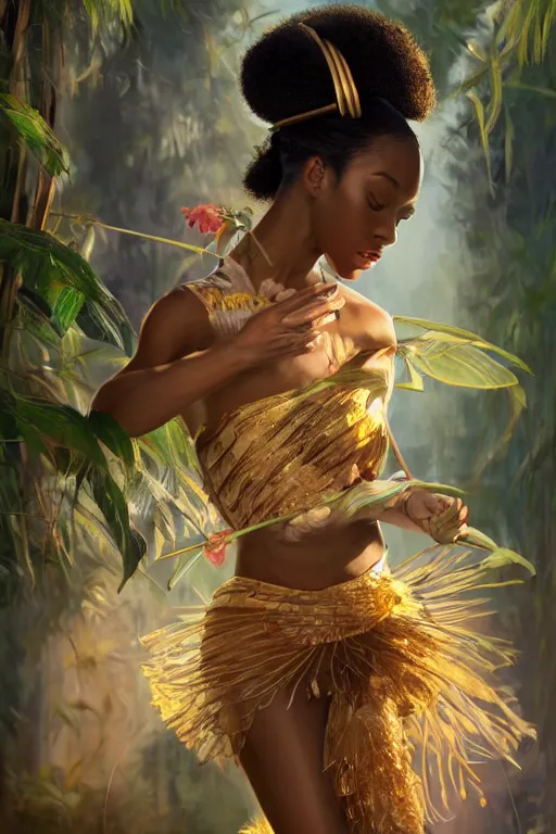 Image similar to stunningly beautiful, nubian geisha prima ballerina in jungle, symmetrical face, golden hour, smooth, focus, highly detailed, hyper realistic, dramatic lighting, elegant, intricate, concept art, art by wlop, mars ravelo, greg rutowski, artstation