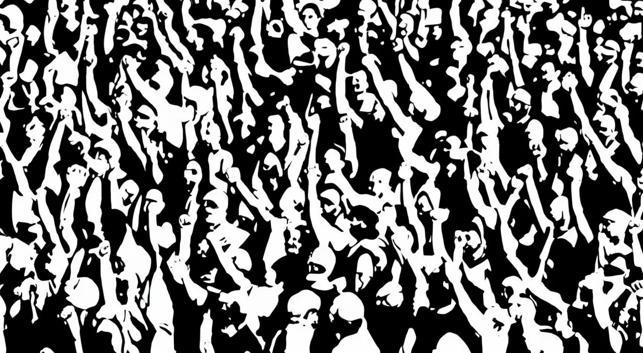 Image similar to black and white, high contrast, low angle, pop art of a group of workers raising their fists