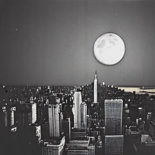 Prompt: vintage photo of the moon exploding over New York City, 8mm film