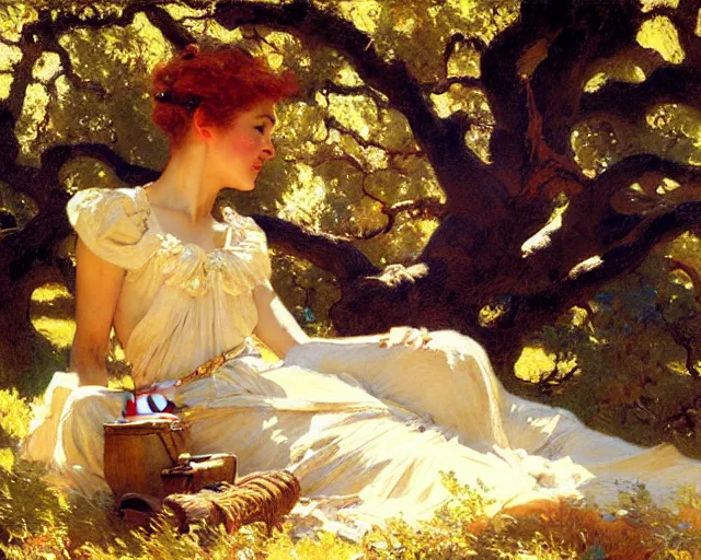 Image similar to painter painting underneath oak tree, painting by gaston bussiere, craig mullins, j. c. leyendecker