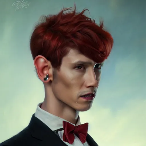 Prompt: portrait of a beautiful nonbinary actor with tan skin and messy short red hair wearing a men's suit, elf ears and copper eyes, by Gerald Brom and Ross Tran, hyper-realistic, dramatic lighting, 4K, trending on artstation