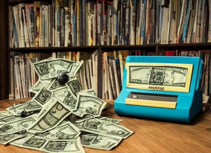 Image similar to surrealist art of nintendo 6 4 console in front of stacks of money