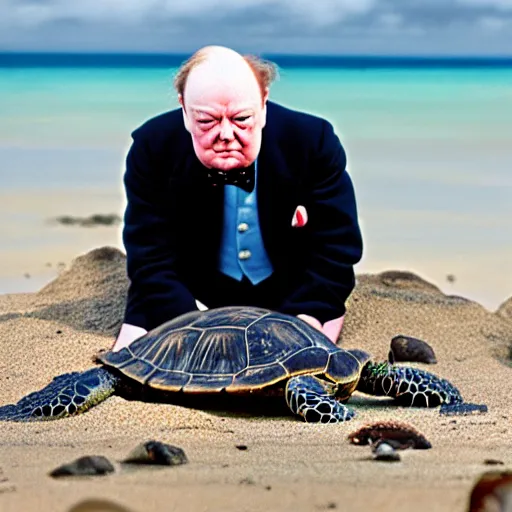 Prompt: An astonished Winston Churchill discovers the first turtle ever in Galapagos, national geographic, BBC, EOS-1D, f/1.4, ISO 200, 1/160s, 8K, RAW, unedited