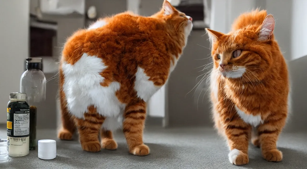 Prompt: a cat standing next to a bottle of medicine. the cat was orange in color and having fluffy fur. animal.