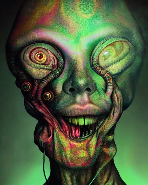 Prompt: realistic portrait of a alien experiment gone wrong, psychedelic, dark art, facing camera, photo realistic, detailed, 1 4 5 0, delicate, hyper realism, ultra realistic, 8 k