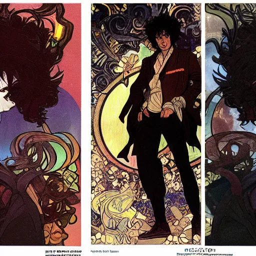 Prompt: concept art, silhouette of Spike Spiegel in front of Ganymede in the style of Alphonse Mucha and Hiroya Oku, 4k