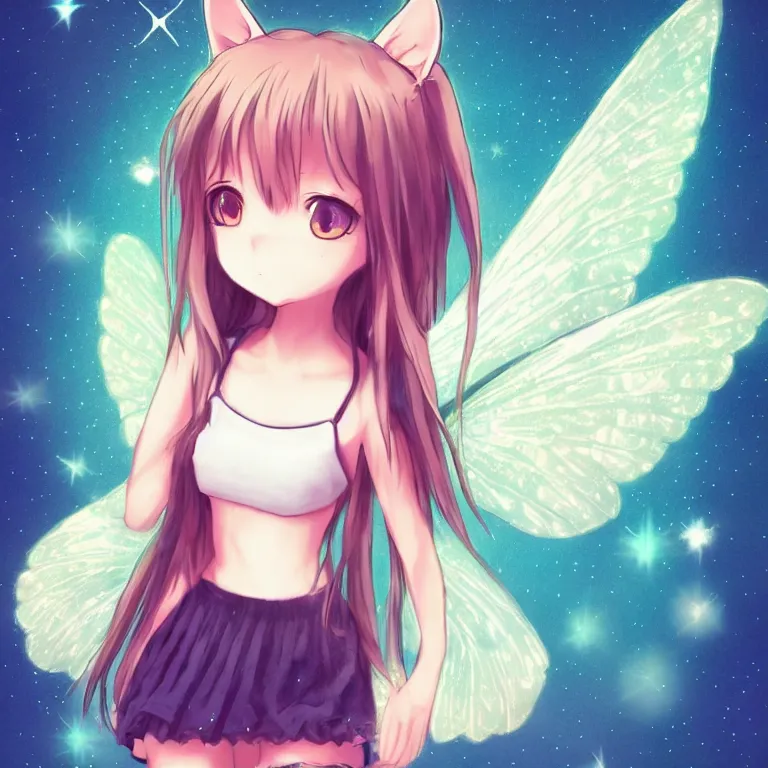Image similar to cute, full body, female, anime style, a cat girl with fairy wings, large eyes, beautiful lighting, melancholy, sharp focus, simple background, creative, heart effects, filters applied, illustration