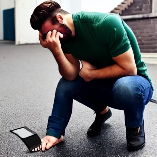 Prompt: Gigachad crying because he dropped his mobile phone on the floor. His phone is flat on the floor.