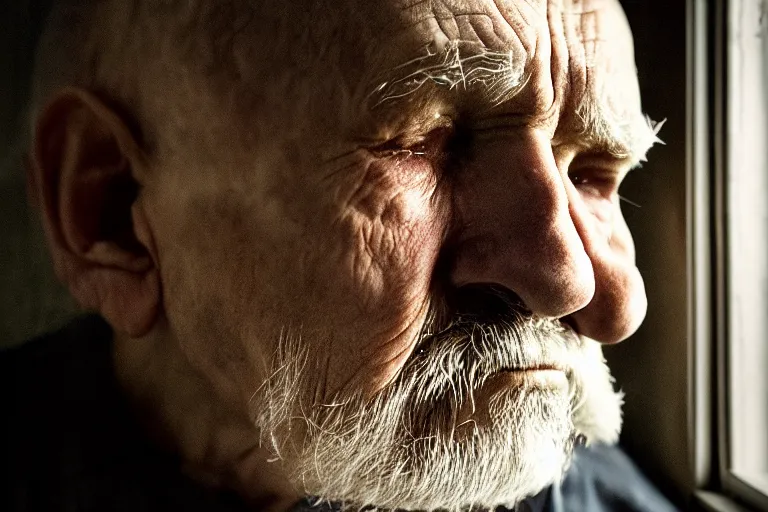 Image similar to a cinematic, close up portrait, of an old man, looking in the window, dramatic, soft light, dreamy, facial features, stood in a cell, with prison clothing, detailed, deep focus, movie still, dramatic lighting, ray tracing, by hendrik kerstens and paolo roversi