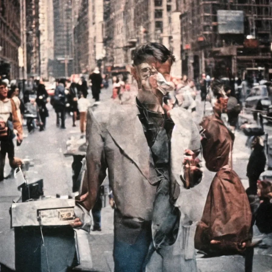 Image similar to street photograph portrait in new york from the 1 9 6 0 s, ultra detailed hyper realistic lifelike, photographed on colour film, photo taken with ektachrome, # film, film grain