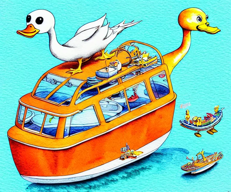 Prompt: cute and funny, duck riding in a tiny cruise ship, ratfink style by ed roth, centered award winning watercolor pen illustration, isometric illustration by chihiro iwasaki, edited by craola, tiny details by artgerm and watercolor girl, symmetrically isometrically centered