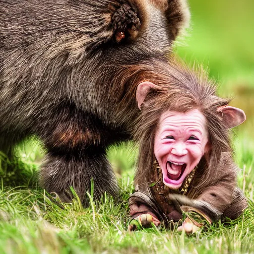 Prompt: photorealistic photograph of female dwarf telling a joke by Suzi Eszterhas, photorealism, photorealistic, realism, real, highly detailed, ultra detailed, detailed, f/2.8L Canon EF IS lens, Canon EOS-1D Mark II, Wildlife Photographer of the Year, Pulitzer Prize for Photography, 8k