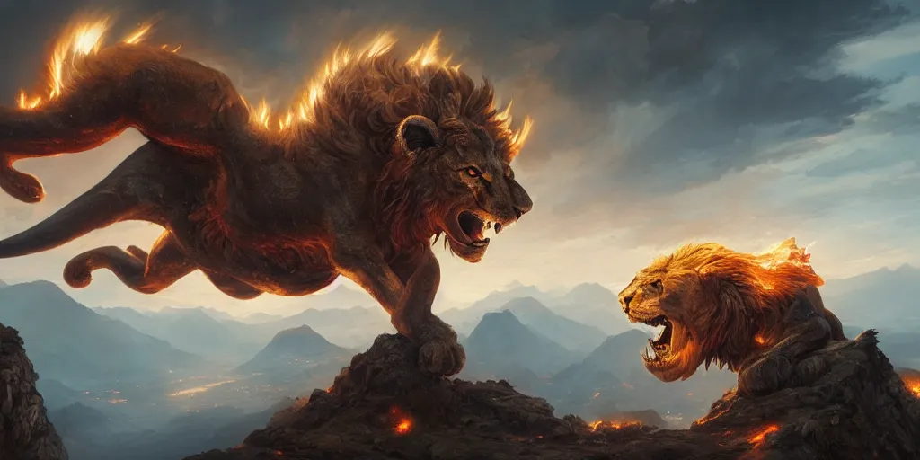 Prompt: Manticore with lion face on a top of a mountain breathing fire to the sky, art by Peter Tang and artgem and Greg Rutkowski, highly detailed, fantasy, digital art, 8k, volumetric lighting