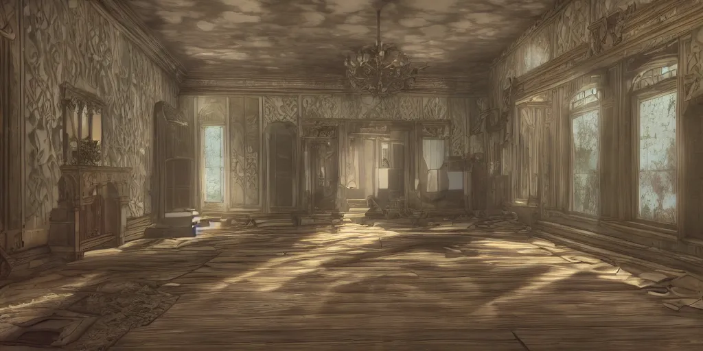 Image similar to kingdom hearts twilight town mansion interior, nostalgic abandoned, sunlight streaming through the windows