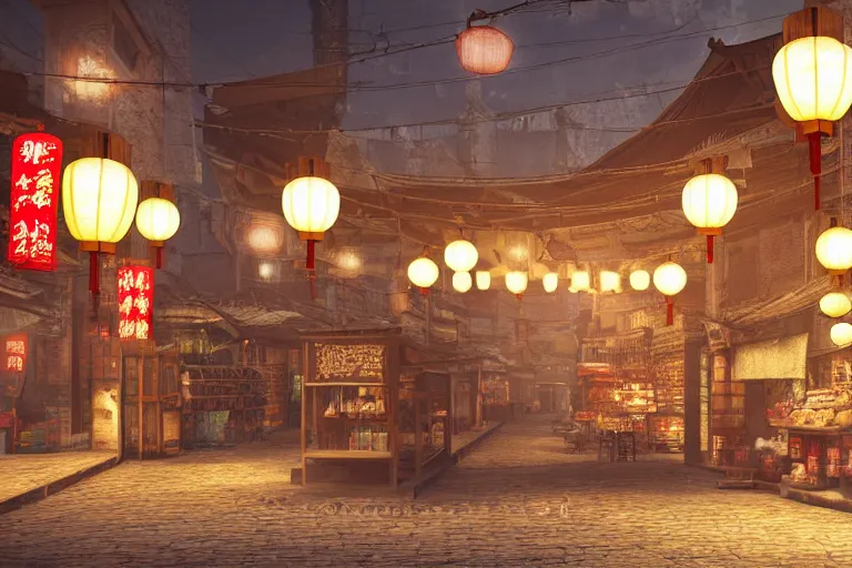 Prompt: Miniature of a rustic chinese street with shops, glowing lamps, octane render