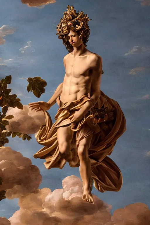 Image similar to a young handsome Spanish prince in a full-body bronze baroque statue floating in midair with his arms arched back, crown of peach roses, opening in his chest with a glowing blue battery. full-length view. baroque element. intricate artwork by caravaggio. many many birds birds on background. Trending on artstation, octane render, cinematic lighting from the right, hyper realism, octane render, 8k, depth of field, 3D