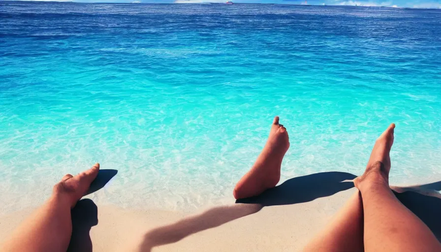 Image similar to first person view from a man lounging on a beautiful tropical beach with a stunning turquoise ocean in the background. his legs stretch out in front of the camera, photorealistic