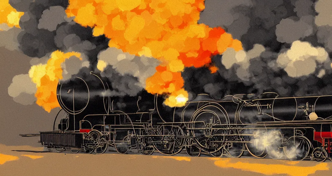 Image similar to cross - section close - up view of a steam train, autumn light, smoke, beautiful, by studio ghibli, by tomono yoshiyuki, digital art, concept art, sharp focus, illustration