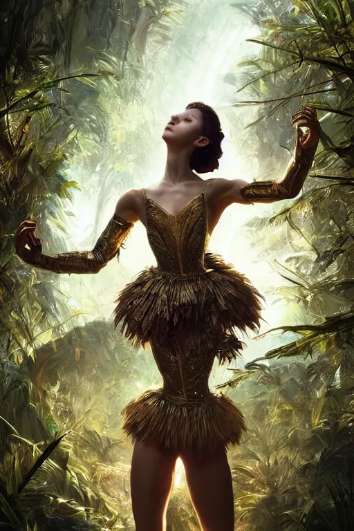 Prompt: stunningly beautiful, cyborg prima ballerina in jungle, symmetrical face, golden hour, smooth, focus, highly detailed, hyper realistic, dramatic lighting, elegant, intricate, concept art, art by wlop, mars ravelo, greg rutowski, artstation