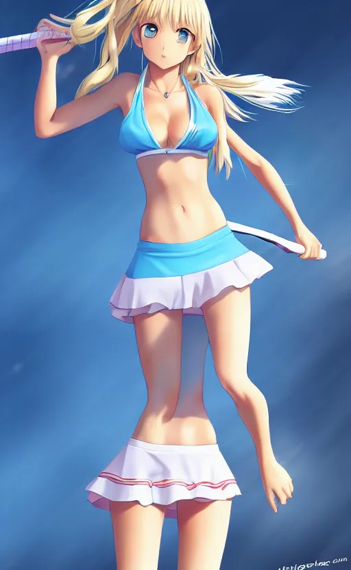 Image similar to a very beautiful young anime tennis girl, full body, long wavy blond hair, sky blue eyes, ( ( ( full round face ) ) ), short smile, bikini, miniskirt, front view, mid - shot, highly detailed, cinematic wallpaper by stanley artgerm lau