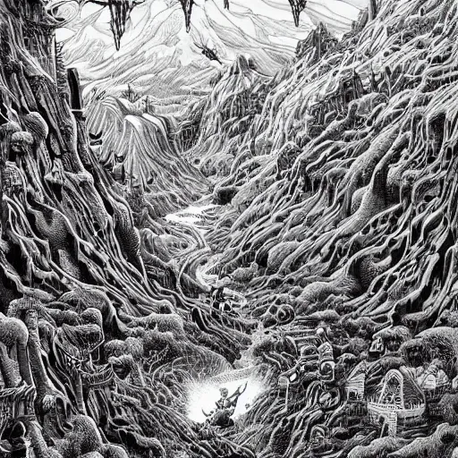 Prompt: impressive fantasy landscape, beautiful line art, pure b & w, etching illustration, square sticker, by joe fenton