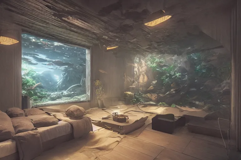 Image similar to a dim light spacious room with freshwater aquariums as walls, hyper realistic, ambient lighting, concept art, intricate, hyper detailed, smooth, dynamic volumetric lighting, octane, raytrace, cinematic, high quality, high resolution, 4 k, cgsociety, rutkowski, gurney