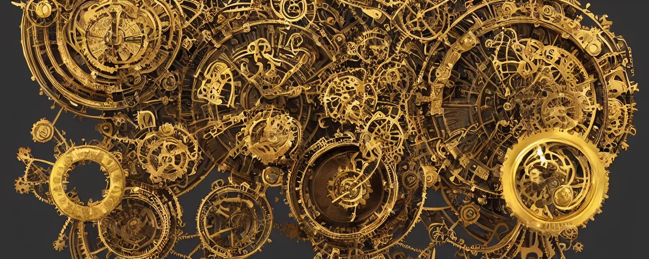 Prompt: dynamic composition, intricate layered golden clockwork machine with cogs!!! and gears!!!, super detailed, steampunk, art deco, ornate gilded cosmic machine, in the style of simon lee and jama jurabaev, piotr jablonski, engraged, artgerm, featured on cgsociety, unreal engine, 8 k render, octane, raytracing