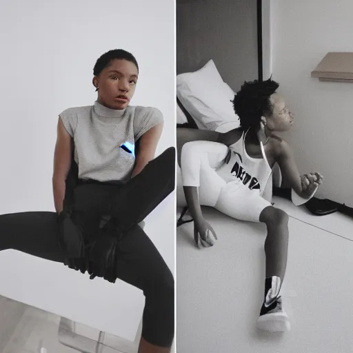 Image similar to realistic! photoshoot for a new nike lookbook, color film photography, portrait of a beautiful woman, location in a apartment, highly detailed, 8K, in style of tyler mitchell, 35mm