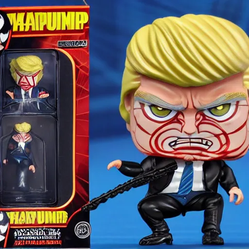 Prompt: action figure of Trump turning into Venom and shooting black web lines out of hair by Hasbro