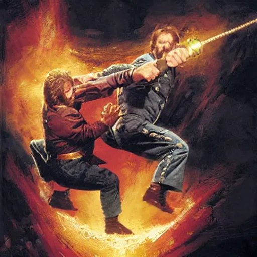 Image similar to cinematic action shot freeze frame portrait of Chuck Norris using nunchaku that are made out of two mini Chuck Norris's connected to each other at their ends by a short metal chain, golden ratio, art by greg rutkowski and frank frazetta and peter mohrbacher and marc silvestri