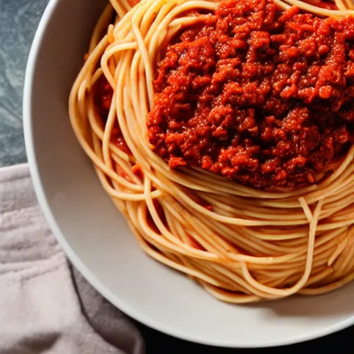 Prompt: hyperrealistic top view photo of spaghetti with bolognese sauce