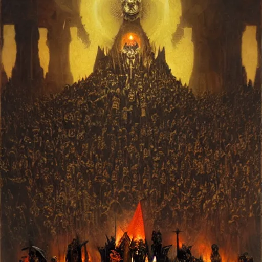 Image similar to dante's inferno, with people in black hooded tunic like in the film eyes wide shut of stanley kubrick, illuminati symbol, crows, skeletons, crosses, dark beauty, rotten gold, perfect faces, extremely detailed. highly detailed painting by gaston bussiere, craig mullins j. c. leyendecker 8 k