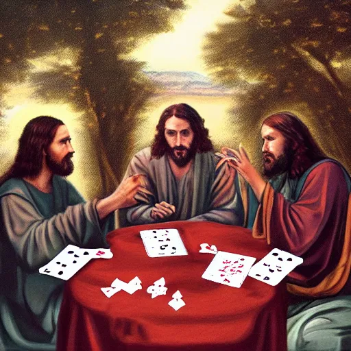 Image similar to Jesus and the Devil playing cards in a garden, photorealistic, award winning, 8k, trending on major art outlets,