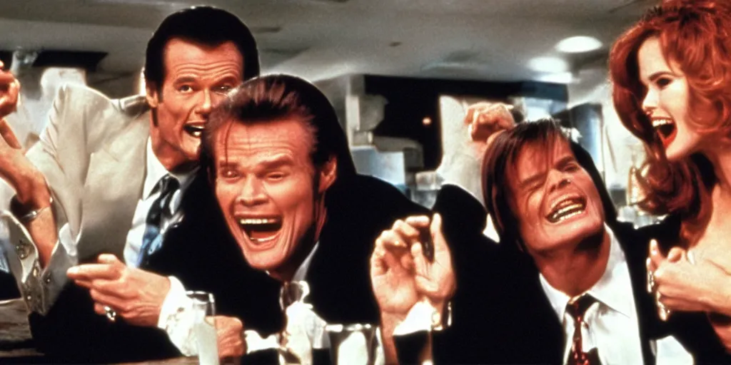 Prompt: still frame of Geena Davis, Roger Moore and Jim Carrey in Pulp Fiction laughing hysterically over a joke