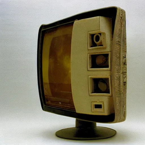 Image similar to a retro crt television carved from stone, ttelevision made by ancient taino