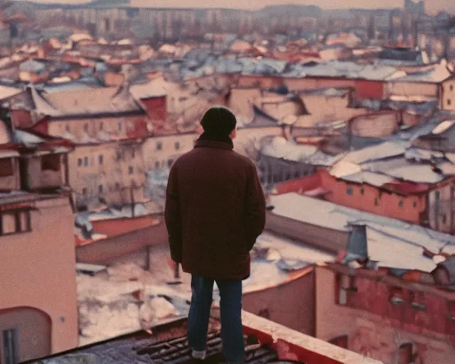 Image similar to lomo photo of man standing on the roof of soviet hrushevka, small town, cinestill, bokeh, out of focus