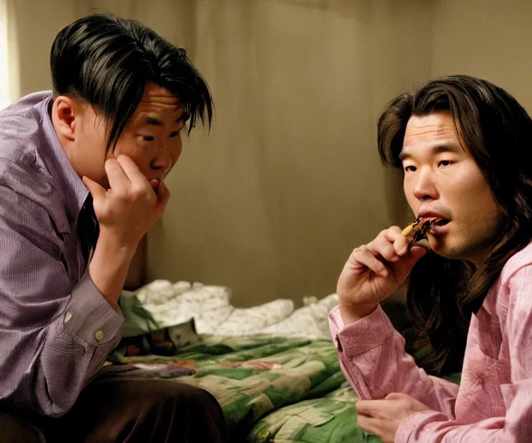 Image similar to hyperralism pineapple express ( 2 0 0 8 ) movie still photography of real detailed north korean kim chen with detailed face smoking high detailed weed and reviewing weed bush in detailed basement bedroom ultra violet light