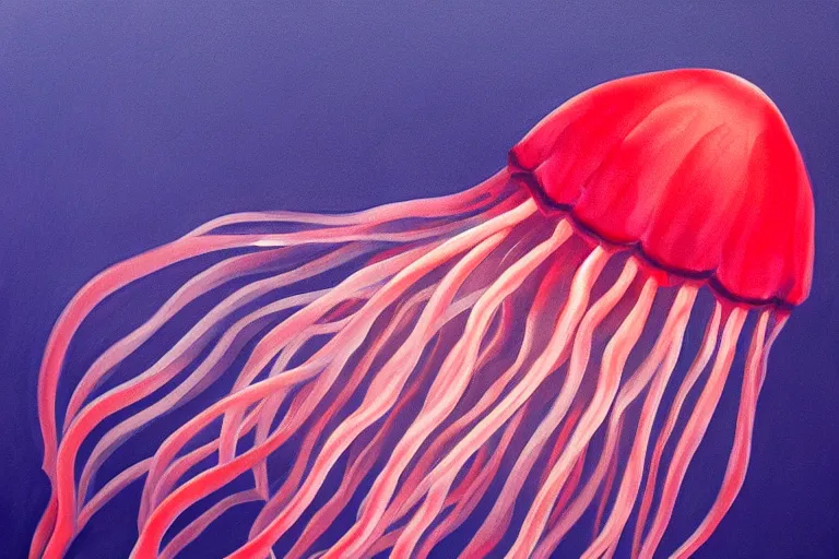 Image similar to painting of a red jellyfish in the deep sea alone, focus on pink jellyfish, dark background, arcylic,