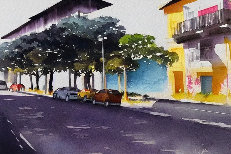 Image similar to !! watercolor!! penang road in a sunny day, artwork by tooth wu, colorful contrast,!! very coherent!!, dark shadow, thick lineart