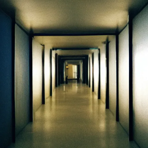 Image similar to a dark and recursive hallway with many doors, with a heavenly glow