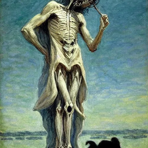 Image similar to The grim robed boatman of the river styx adopts a skeletal borzoi to be his companion in hades, realistic fantasy artwork, greek mythology, oil painting on matte canvas by James Gurney and Charles Monet