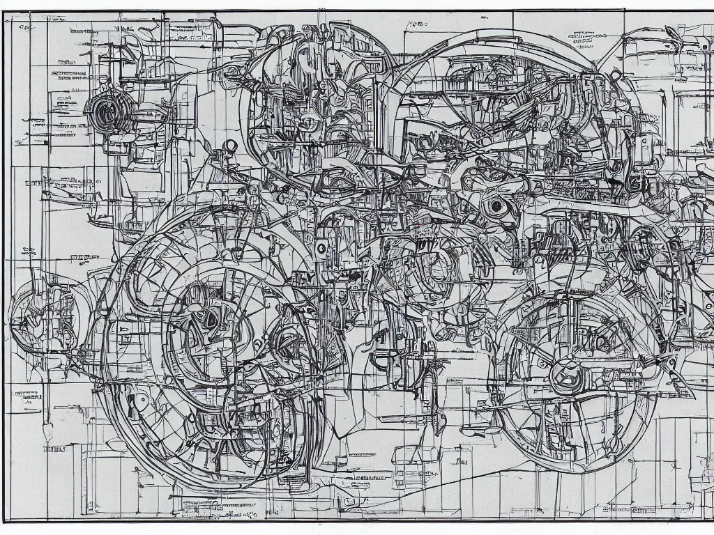 Image similar to a very detailed technically accurate blueprint of futuristic machinery, highly detailed