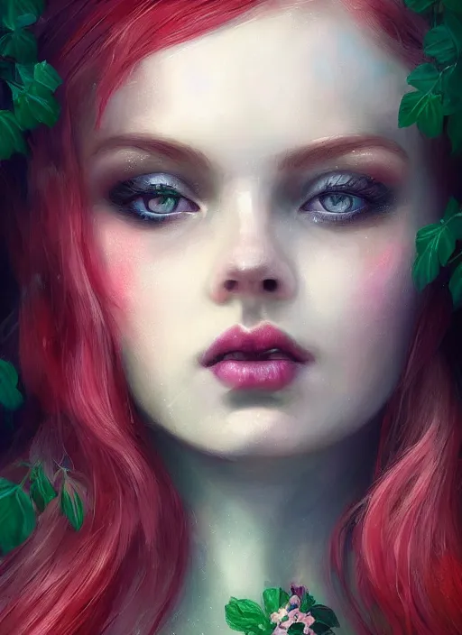 Image similar to a gorgeous flower princess portrait by WLOP, emerald green eyes, red hair, digital painting, beautiful lighting, ominous, cgsociety