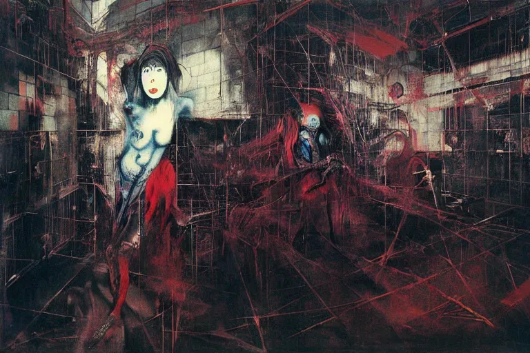 Image similar to Eventually even those who avoided the world were drawn into its madness. in a brutalist architecture space ship, gothic, rich deep colours, creepy, diabolical, dark, mystical, intrincate, maximalism, painted by Francis bacon, Adrian ghenie, James jean and Petra cortright part by Gerhard Richter, part by Takato Yamamoto. 8k masterpiece