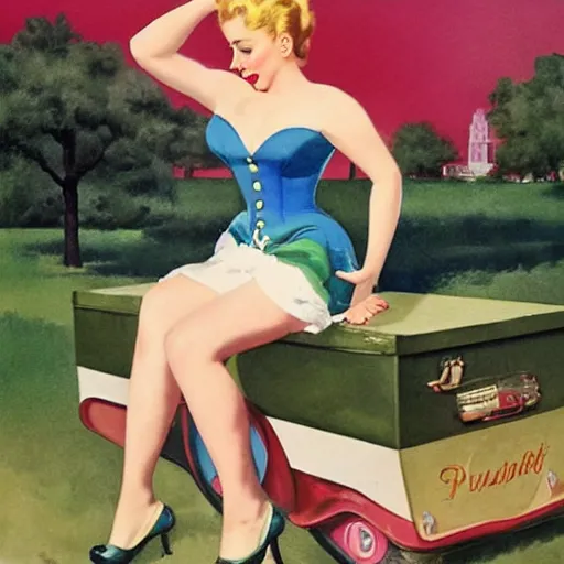 Image similar to full body pin up post war dressing a military unioform,with a park in the back ground, water color, Gil Elvgren style