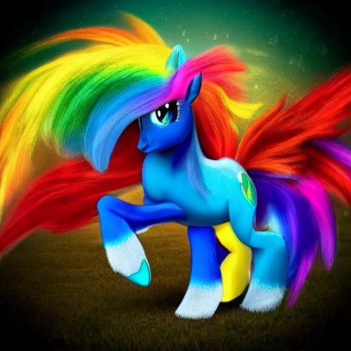 Image similar to 🐎🍑, Horse, Pony, Pegasus, Rainbow Dash, light blue fur, cutie mark, rainbow tail, equine photography