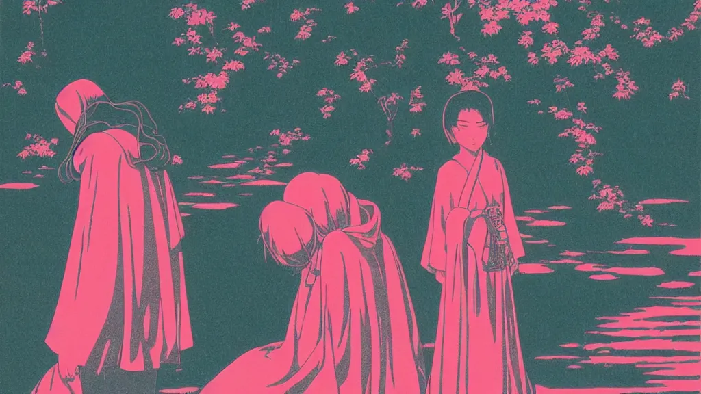 Prompt: A kodak aerochrome photograph of a beautiful girl is standing right before me, we are looking into each others eyes and she says - Hey you have beautiful eyes, this is how you get all the girls!, screen print by Kawase Hasui and dan hillier, 8k unreal engine