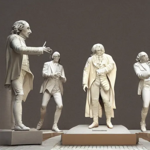 Image similar to mozart and beethoven and bach and liszt all standing next to each other, they're all statues, octane render, 8 k, highly detailed, hyper - realistic.