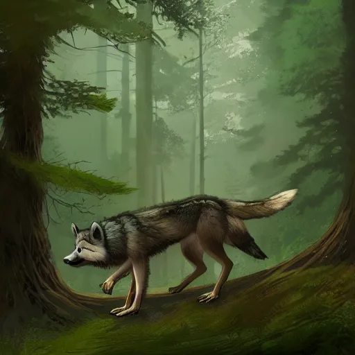 Image similar to a woodland druid in a forest with a wolf bird and racoon, photorealistic, in the style of greg rutkowski, digital painting